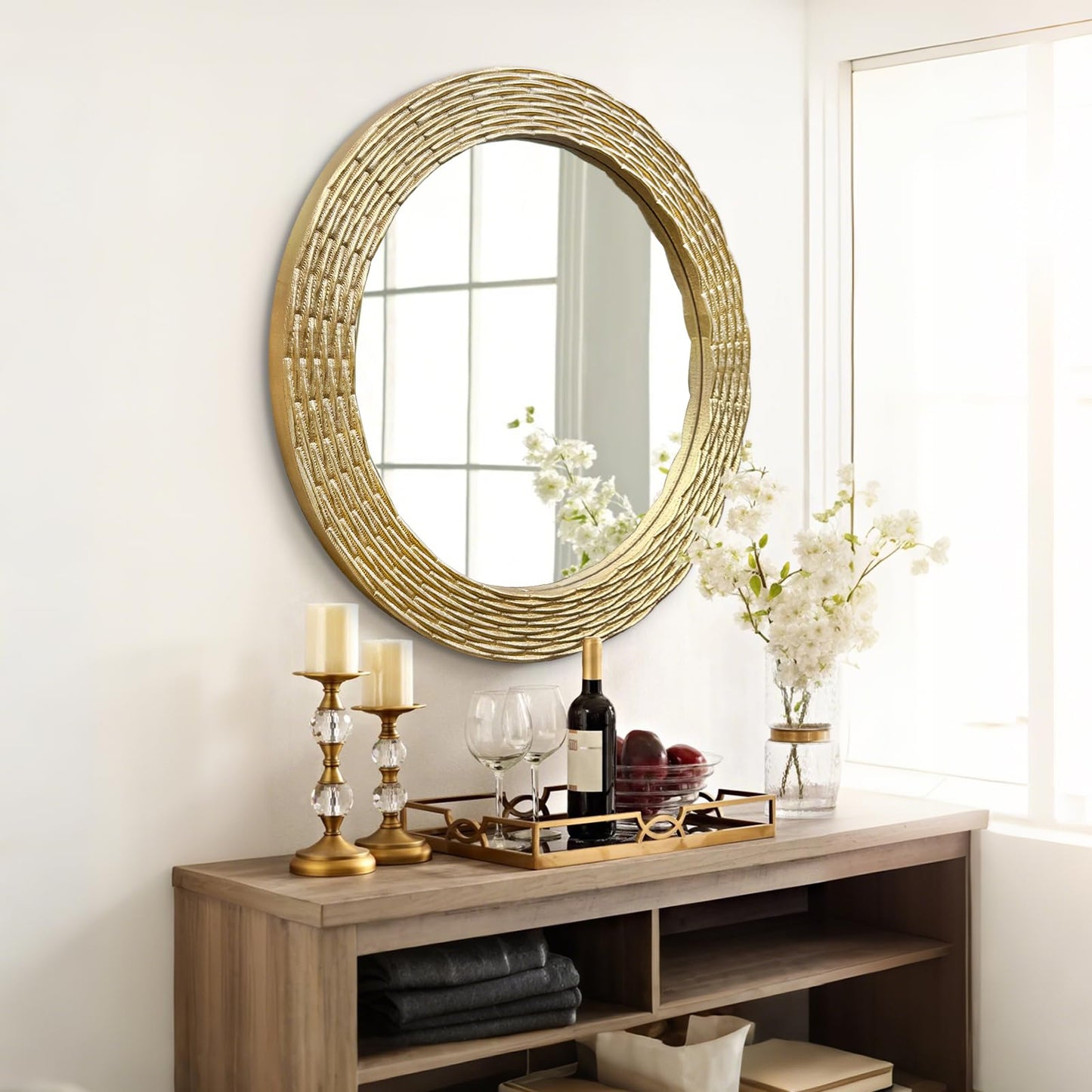 WAMIRRO Gold Round Wood Mirror, 36 Inch Hand Carved Solid Wood Frame Circle Mirror for Wall Mount, Farmhouse Boho Decor for Living Room, Bathroom, Bedroom, Hallway & Entryway