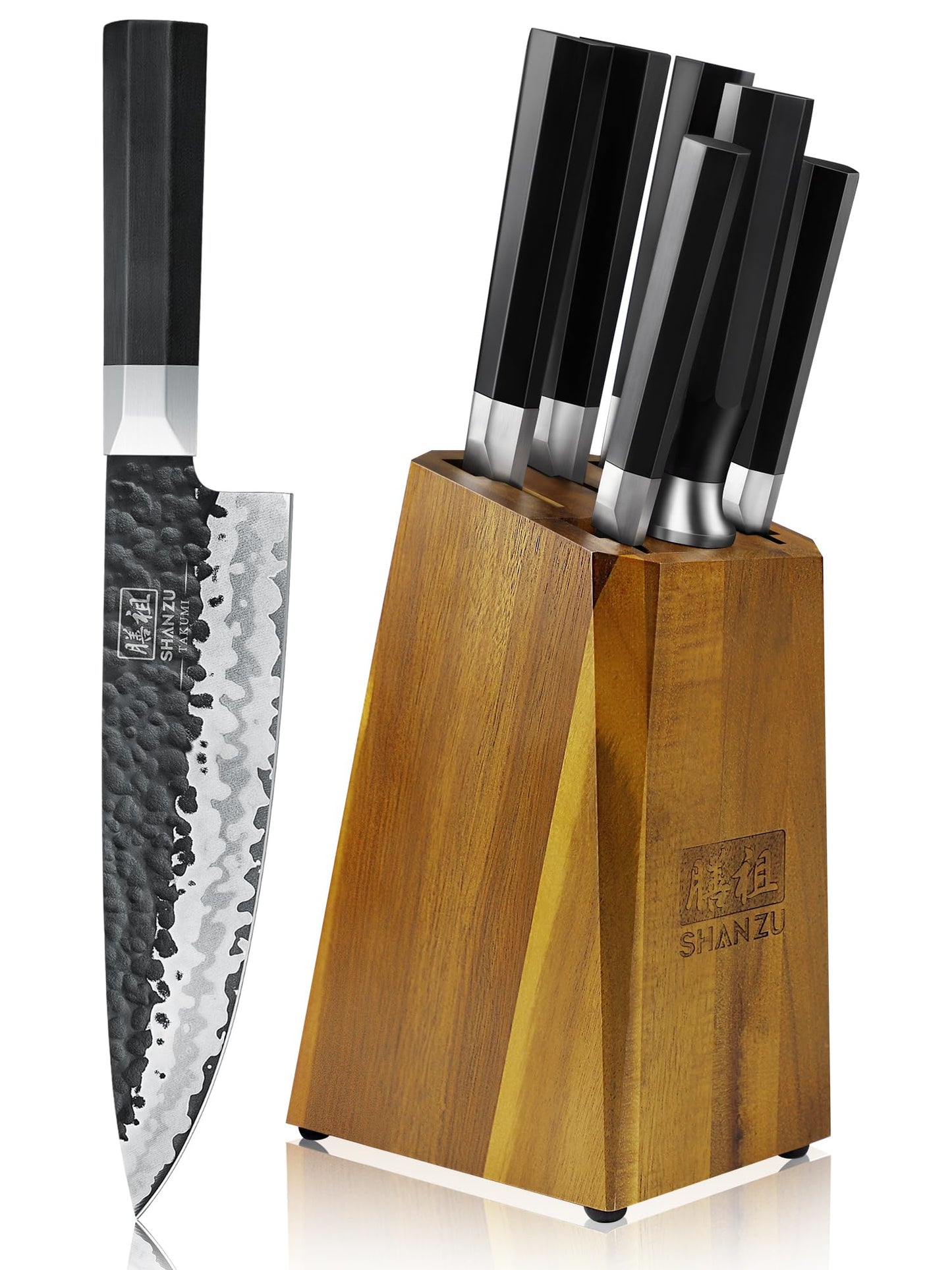 SHAN ZU 7-Piece Japanese Knife Set - 7 Layers 10Cr15MoV High Carbon Steel Kitchen Knifes Set with Block and Sharpener,Ultra-Sharp Chef Knife Set with G10 Handle