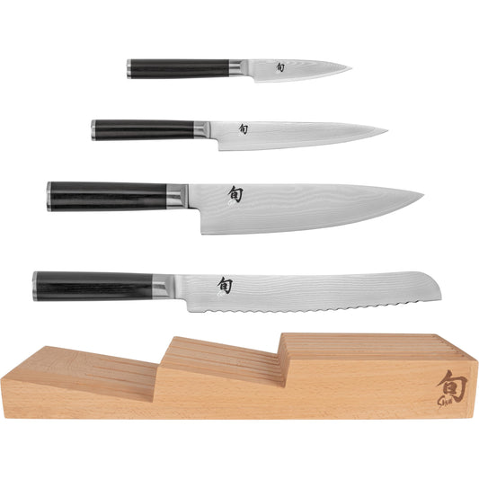 Shun Classic 5 Piece In-Drawer Set, Includes 8" Chef's Knife, 3.5" Paring, 6" Utility & 9" Bread Knife, Handcrafted Japanese Knife Set, Damascus Stainless Steel Cladding, Pakkawood Handle