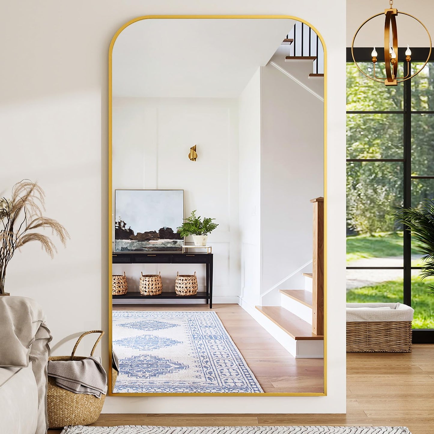 Riskioir Full Length Mirror 81"x41" Arched Floor Standing Large Mirrors Full Body Mirror with Stand - with Aluminum Frame for Bedroom Living Room, Gold