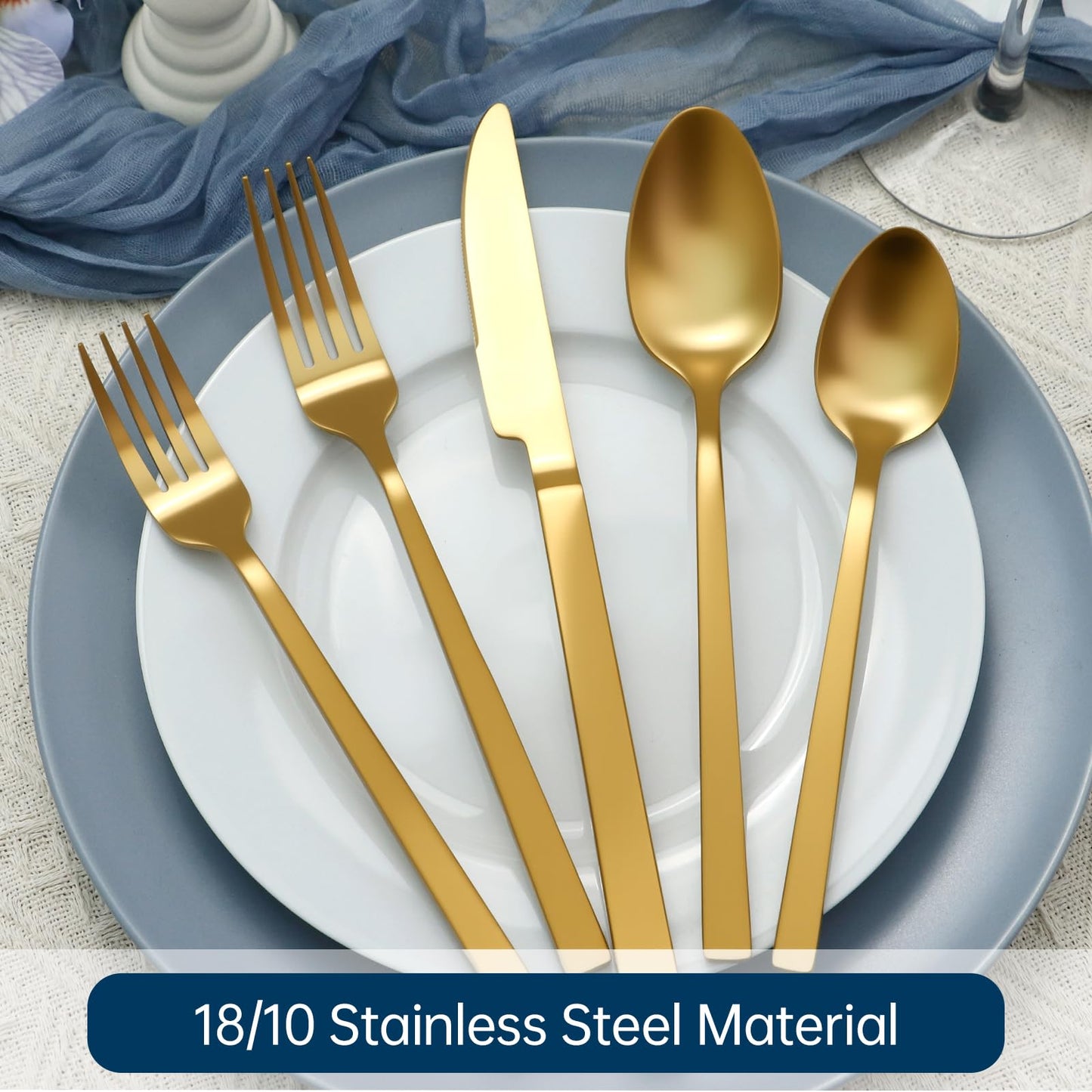 SILWELL Gold Silverware Set 60-Piece 18/10 Stainless Steel Cutlery Matte Polished Cuboid Handle Flatware Sets Service for 12
