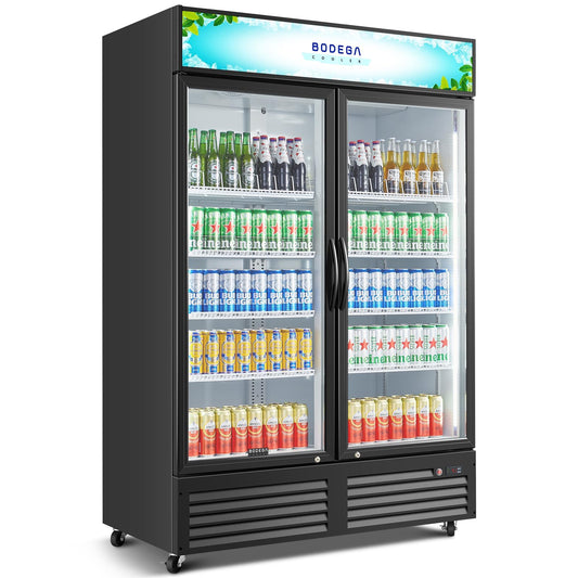 BODEGACOOLER Commercial Merchandiser Refrigerator, 40 Cu.Ft Double Glass Door Beverage Cooler, Upright Display Refrigerator with Soft LED Light, Adjustable Shelves, 4 Heavy-Duty Casters, Black