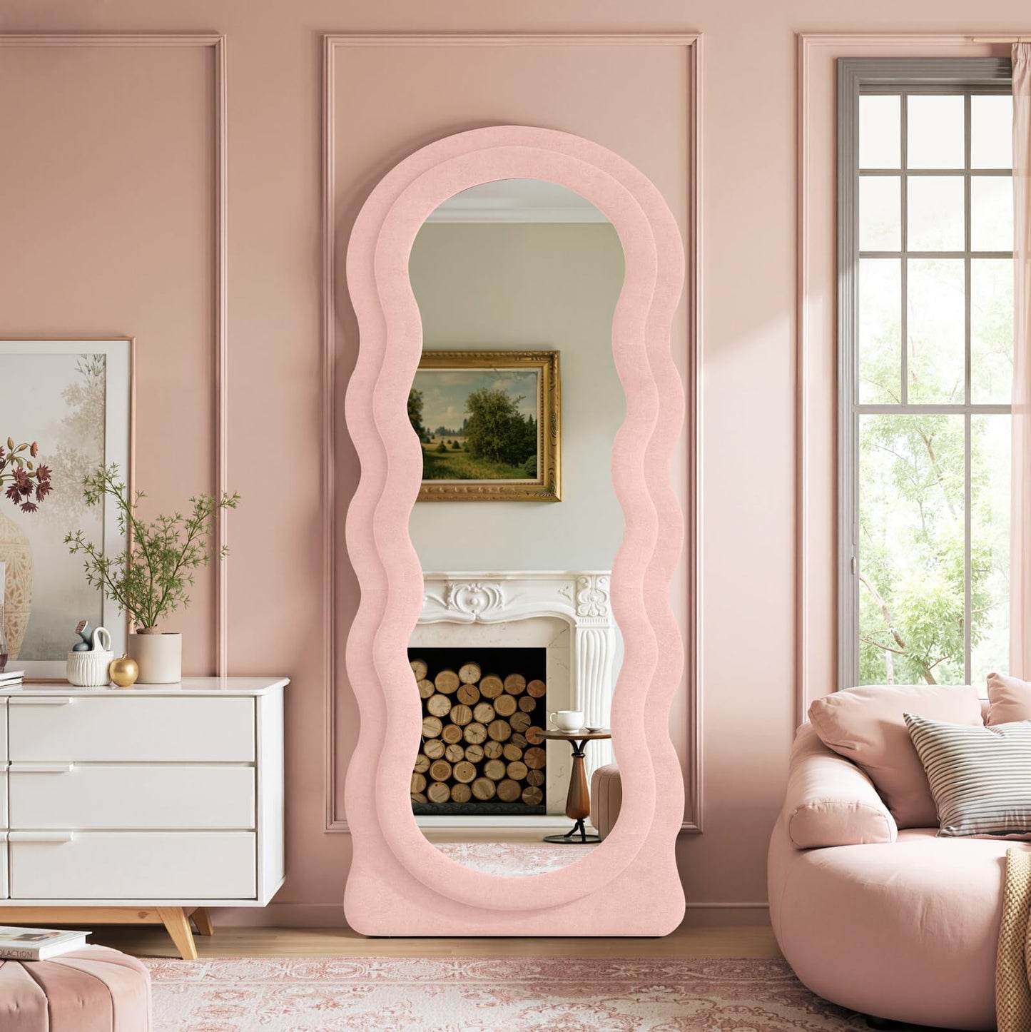 Anpark Full Length Mirror 71"x30" Irregular Wavy Full Body Wall Mounted Floor Mirror with Stand Pink Flannel Frame Leaning Hanging Wall for Bedroom Entrance Hallway