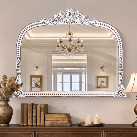 HOITUZYUS French Vintage Statement Wooden Mirror: 32x42 Inch Baroque Arched Mirror, Ornate Decorative Wall Mirrors for Fireplace Mantel, Living Room, Entryway, Bedroom