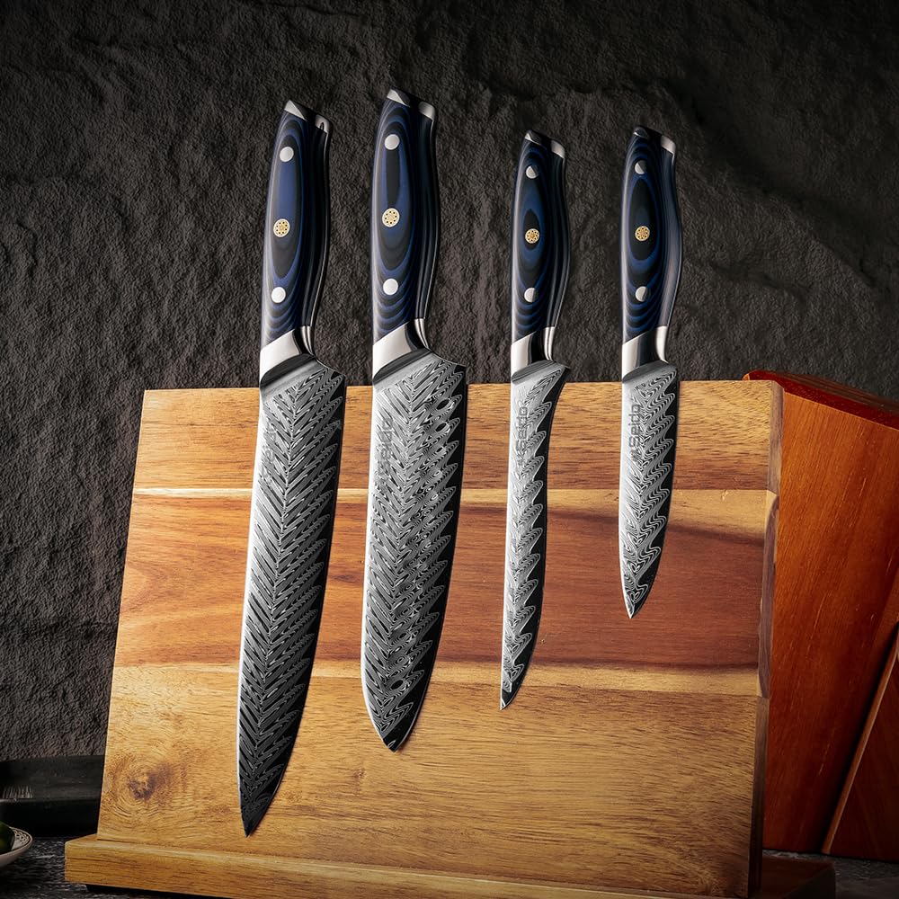 Seido Knives 4-Piece Kanpeki VG10 Damascus Steel Knife Set - Professional Chef Knife Set with Blue Handle - Includes Chef Knife