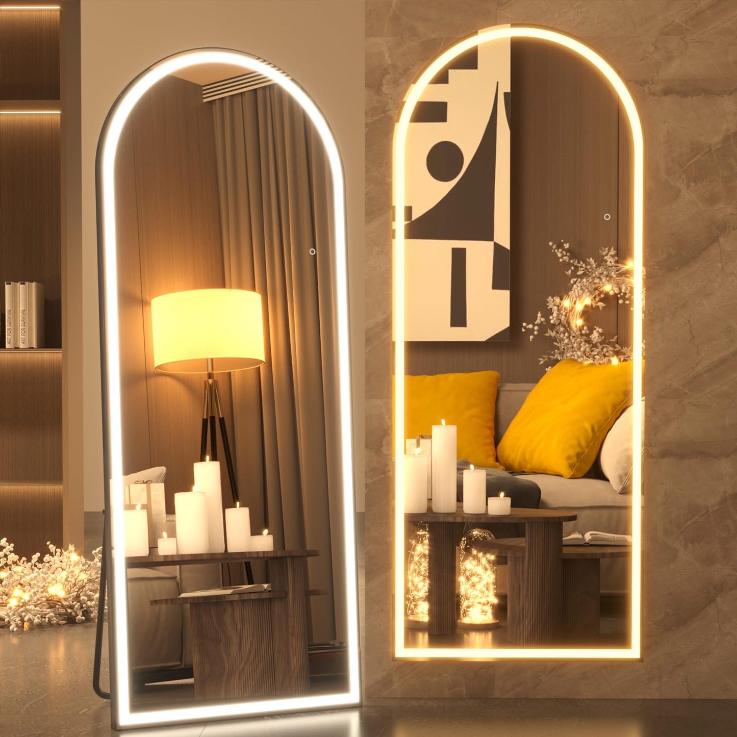 Pertetey 83x36 Inch LED Arched Full Length Mirror with Lights, Black Frame Dimmable & 3 Color Modes LED Full Body Dressing Standing or Wall Mounted Long Mirror