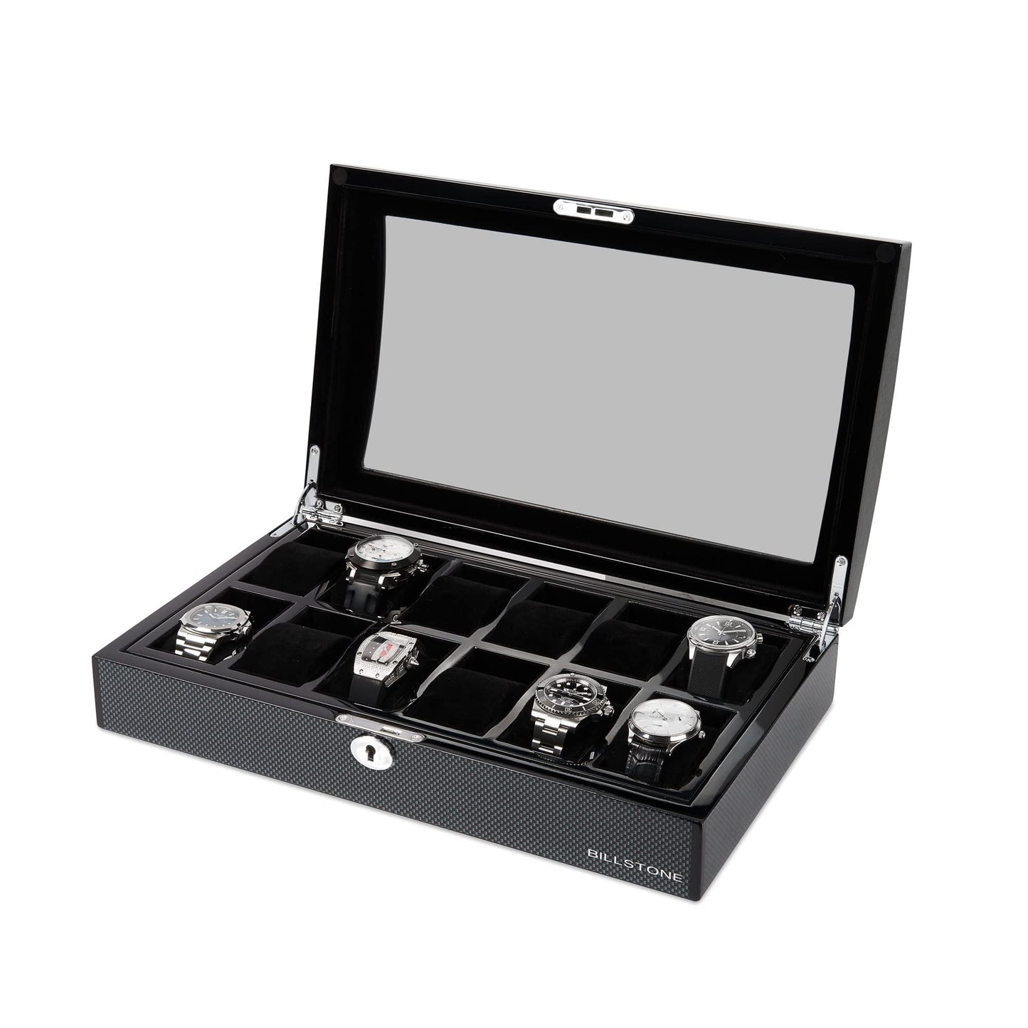 BILLSTONE Romanoff 12 Watch Box – 12 Slot Watch Organizer, Carbon Fiber Finish with Black Velvet Interior