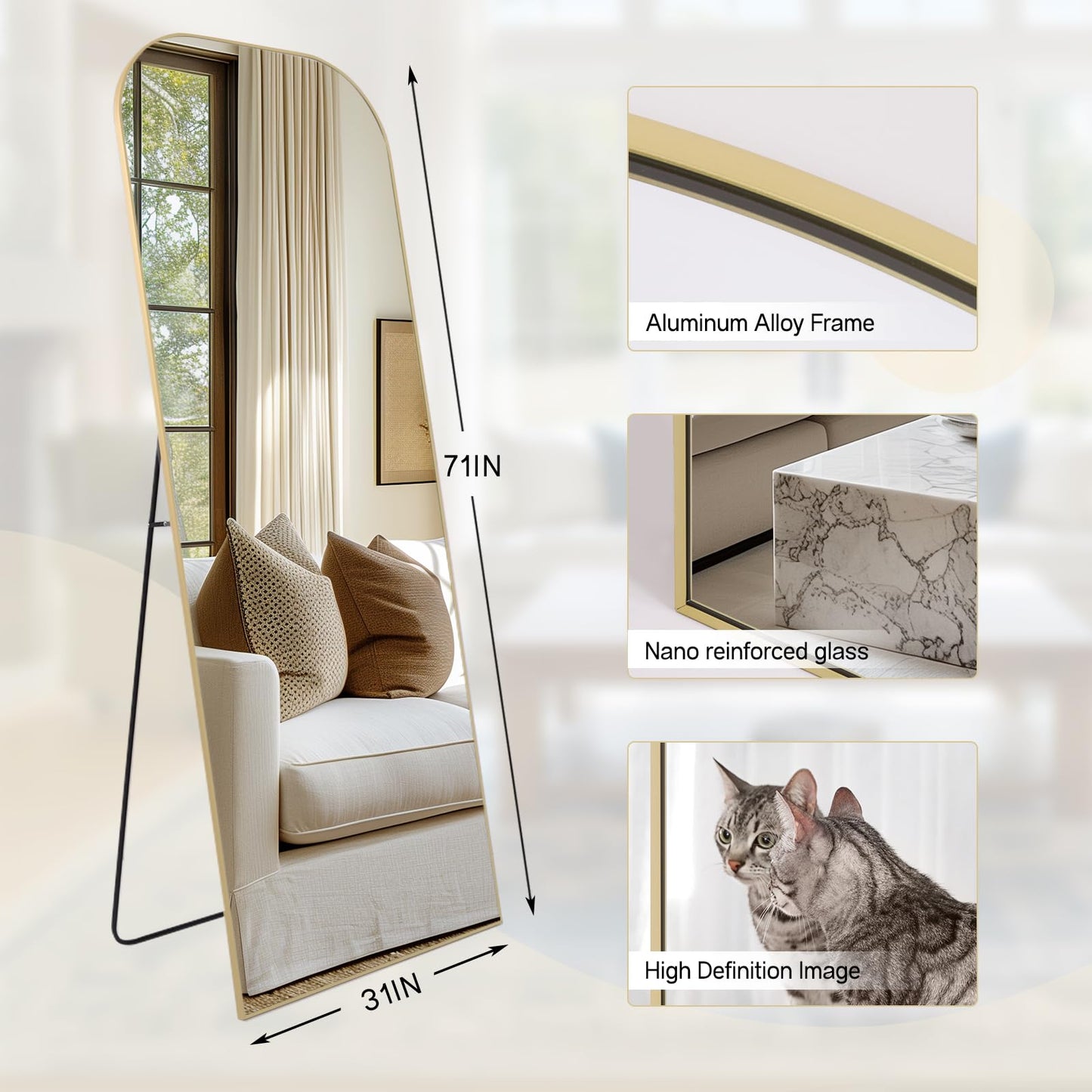 Anpark Oversized Floor Mirror - 71"x30" Arched Freestanding Full Body Mirror with Stand, Hanging or Wall Mounted for Living Room, Bedroom - Gold