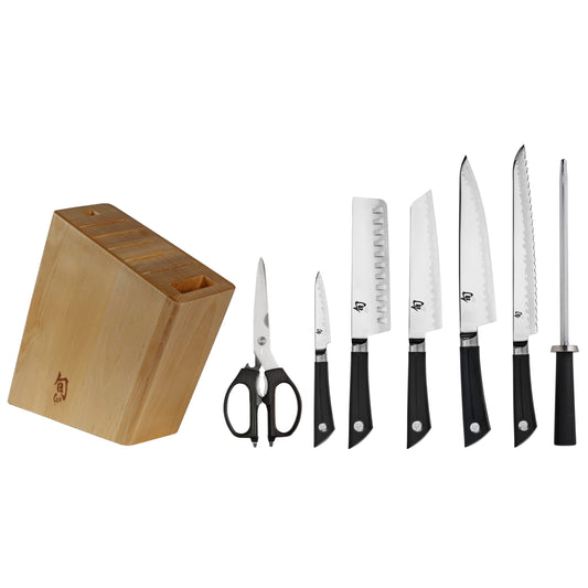 Shun Sora 8 Piece Block Set, Includes 8" Chef's, 3.5" Paring, 6.5" Utility, 6" Nakiri Knife & More, Handcrafted Japanese Knife Set, VG10 Core and 420J Stainless Steel Upper Blades, Balanced Handles