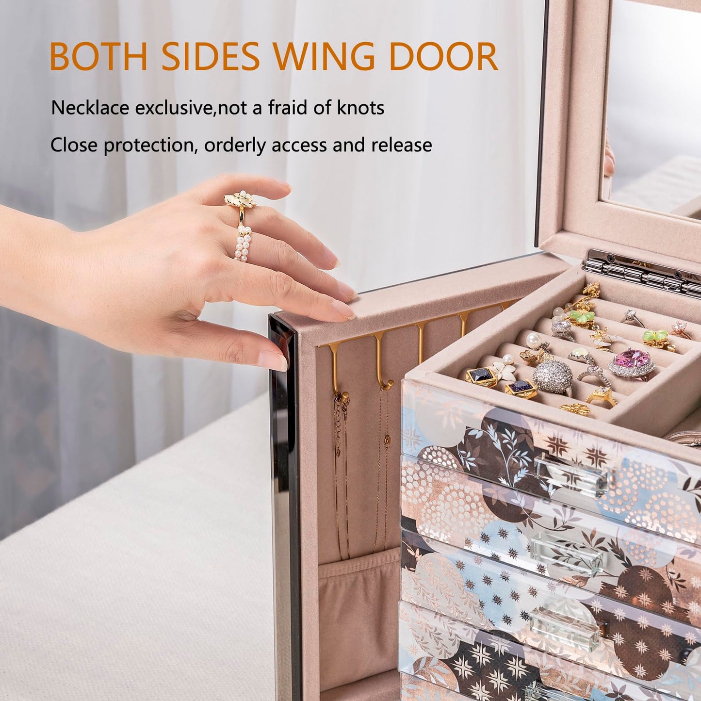 Homruilink High End Glass Jewelry Box, 5 Layer Jewelry Organizer for Women, Side Doors & Mirror, Velvet-Lined Storage for Rings & Necklaces, Ideal Gift (Geometric Floral)