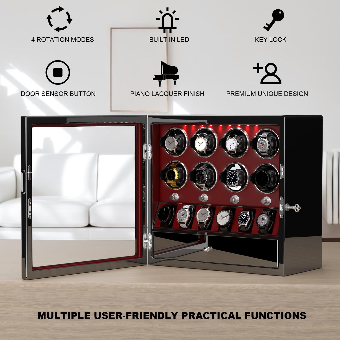 DUKWIN Watch Winder, Lockable Watch Winders for 8 Automatic Watches with Extra 6 Watch Storage, Jewelry Storage, 4 Rotation Modes, LED Light, Super Quiet Mabuchi Motor and Spring Watch Pillows, Red
