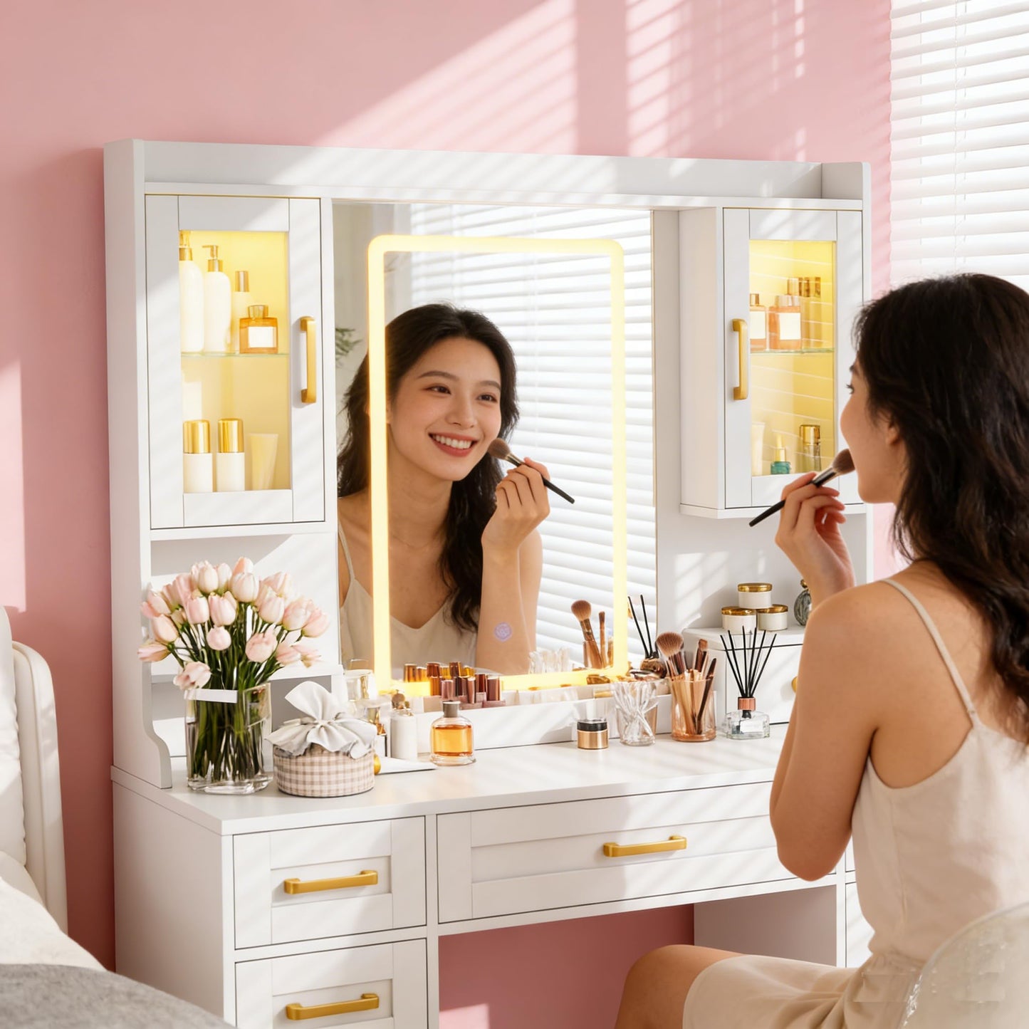 KAMABOKO Vanity Desk with Mirror and LED Lights & Power Outlet, Large Makeup Vanity Table with 5 Drawers and 4 Storage Cabinets, White Dressing Table for Bedroom