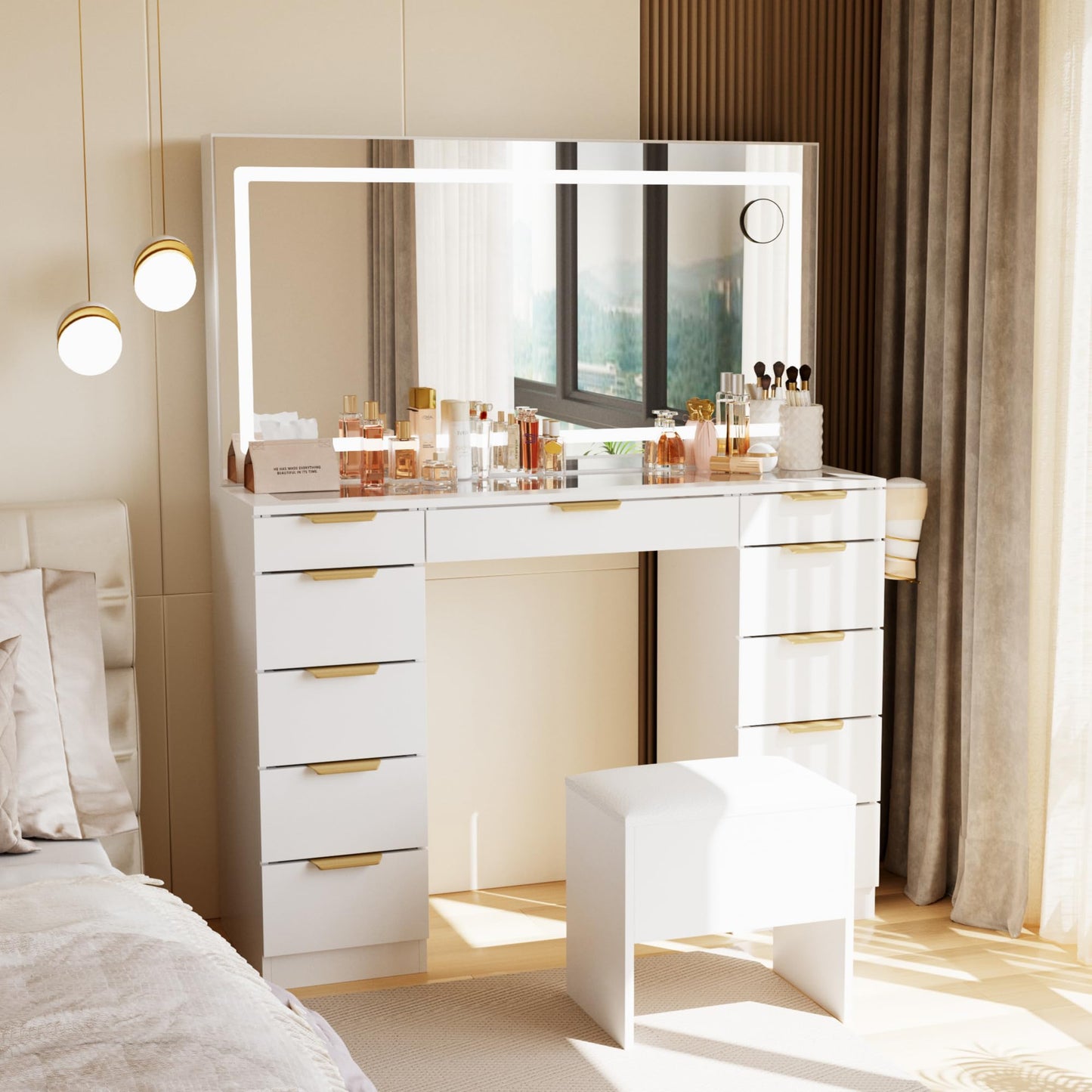 Fkhouse Glass Top Vanity Desk with Mirror and Lights, 11 Drawers Makeup Vanity with Stool, 3 Lighting Modes Dressing Table with Power Outlet, Golden Handles, White