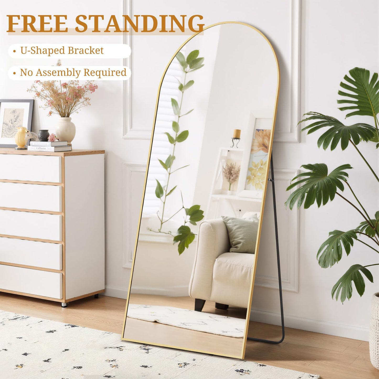 Full Length Mirror 71"x26" Full Body Mirror Arched Free Standing Wall Mounted Leaning Floor Mirrors with Stand Aluminum Alloy Frame for Bedroom Cloakroom, Gold