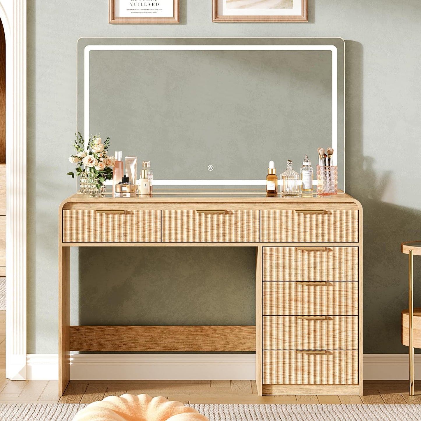 47“Makeup Vanity Desk with 44.8" Mirror and Lights, Vanity Desk with 7 Drawers, Makeup vanity table with a glass tabletop, 3 Color Modes & Adjustable Brightness Dressing Table, Bedroom,Oak515