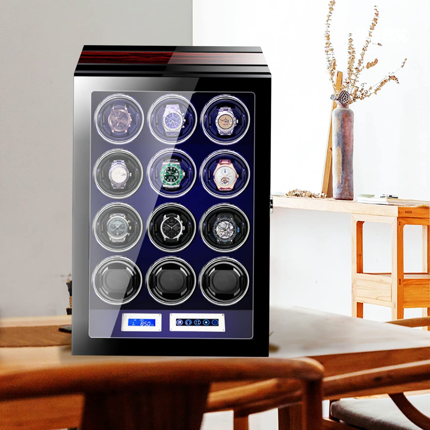 LELTNSOU Watch Winder for 12 Winding Spaces Automatic Watches, Ultra-Quiet Japanese Motors, Built-in LED Illumination and LCD Touchscreen Control
