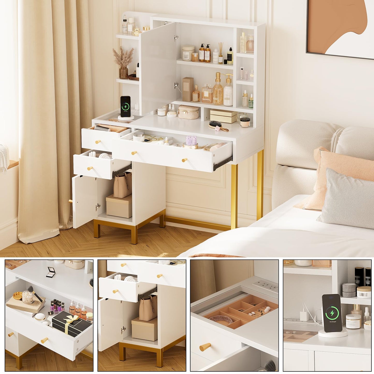 GAOMON 43.7'' White Vanity Desk Table with Lighted Mirror & Power Outlet, 3 Lighting Modes, Brightness Adjustable Vanity Table Makeup Vanity for Bedroom Dressing Room