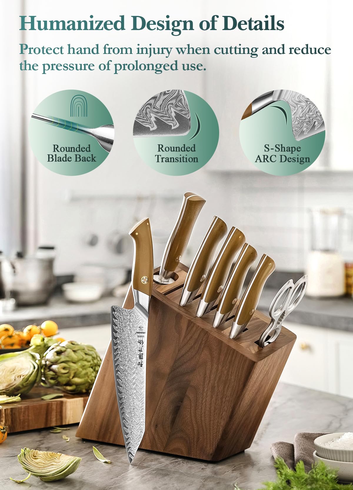 HEZHEN 8-Piece Knife Block Set, 67 Layers Damascus Steel Knife Set with Block, Kitchen Scissor-Sharpner Rod, Professional Knife Sets for Chefs, Linen Micarta Handle, Gift Packing
