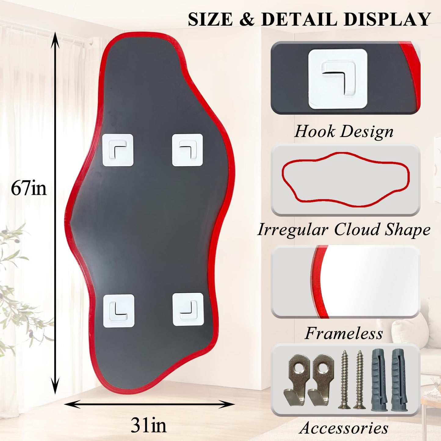DAOYIJIAJU Irregular Mirror Full Length, 67"x31" Red Asymmetrical Tempered Glass Mirror, Large Organic Frameless Wall Mirrors for Living Room Bedroom Hallway Entryway, Horizontal or Vertical Hanging
