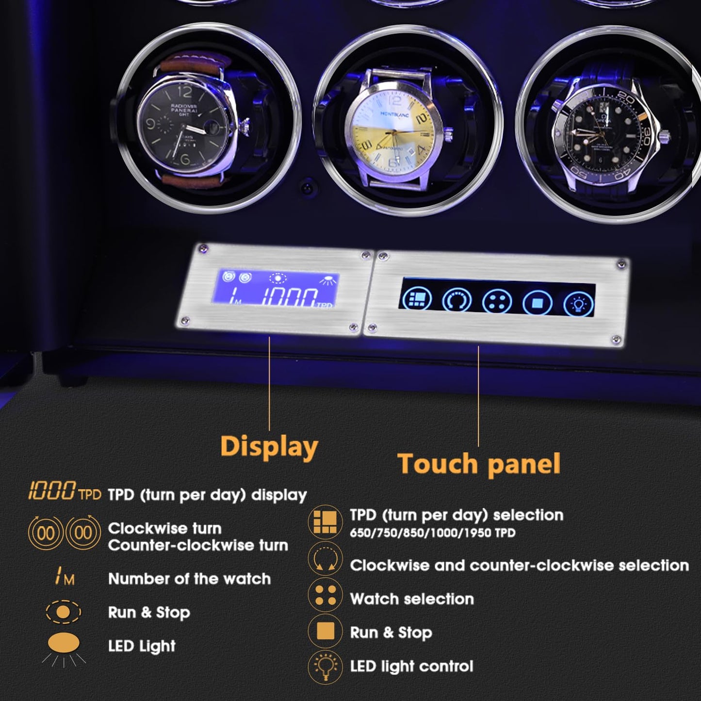 SNEOLTJN Watch Winder for 6 Slots Automatic Watches, Ultra-Quiet Japanese Motors, Built-in LED Illumination and LCD Touchscreen Control