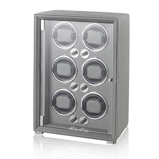 KOHUDIS Watch Winder for 2/4/6/9 Automatic Watches, high-end Leather Making, Super Quiet Mabuchi Motor, Two Power Modes, Built-in led Lights (Gray, 6 Slots)