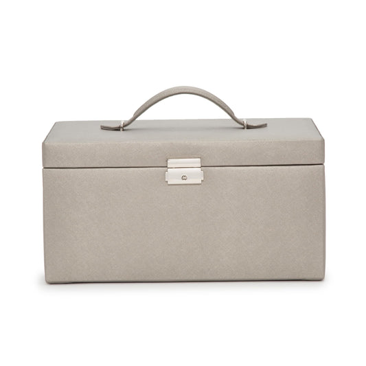 WOLF Heritage Large Jewelry Box, Pewter Saffiano - 27 Compartments + 26 Ring Rolls - Includes Two Travel Cases