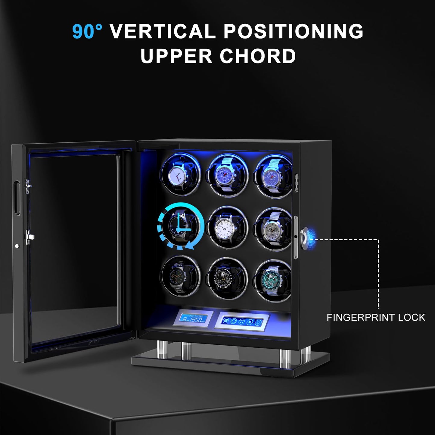 DUKWIN Watch Winder for 9 Automatic Watches, Fingerprint Lock Watch Winders with LCD Touchscreen, Blue LED Light, Remote Control,Adjustable Pillow and Quiet Motor for Universal Watches, 5TPD