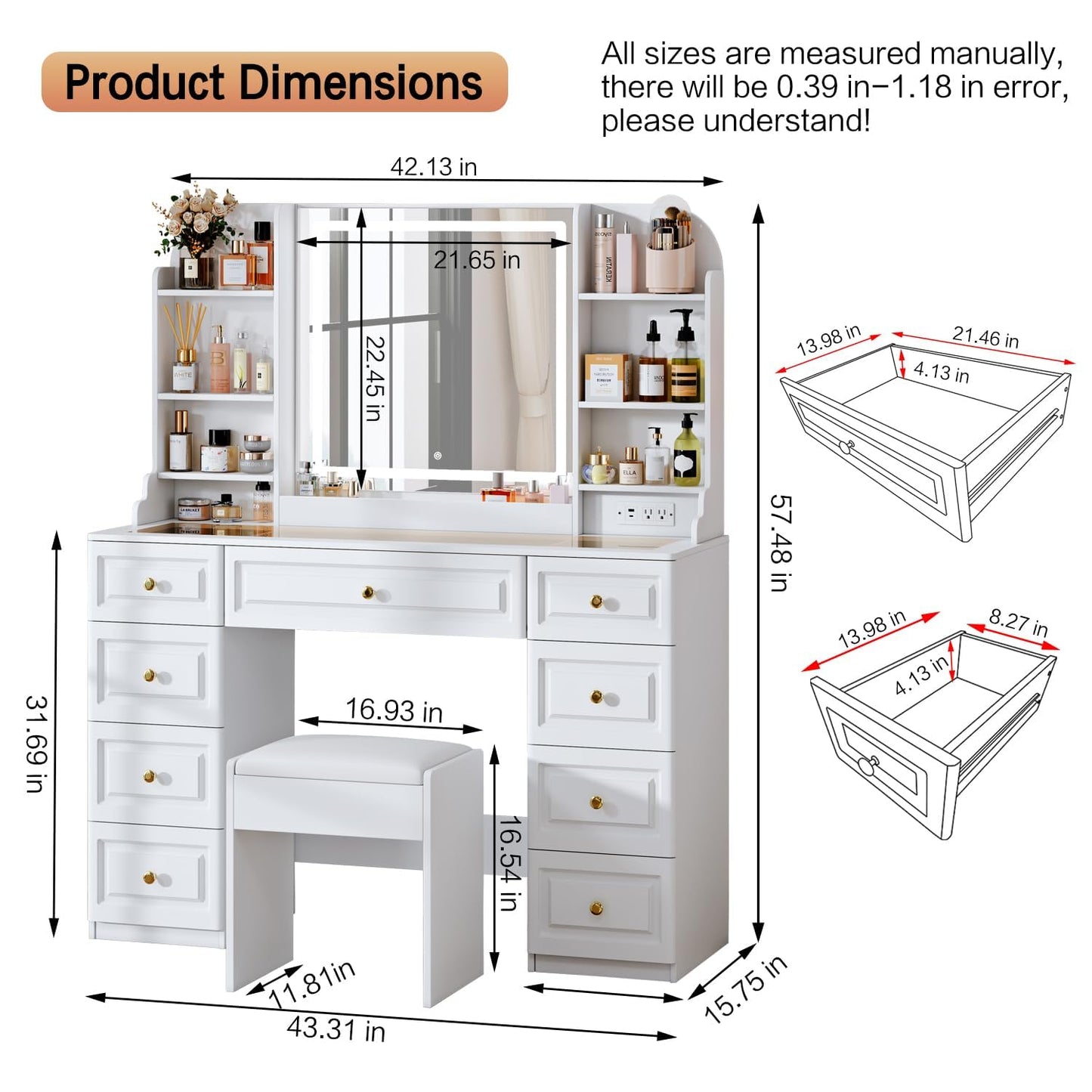 Arulvmrn 43" Makeup Vanity Desk with Mirror and Lights, & Power Outl, Glass Top Big Vanity Table with 9 Drawers& 8 Storage Shelves, Dressing Table Set with Chair for Bedroom, White