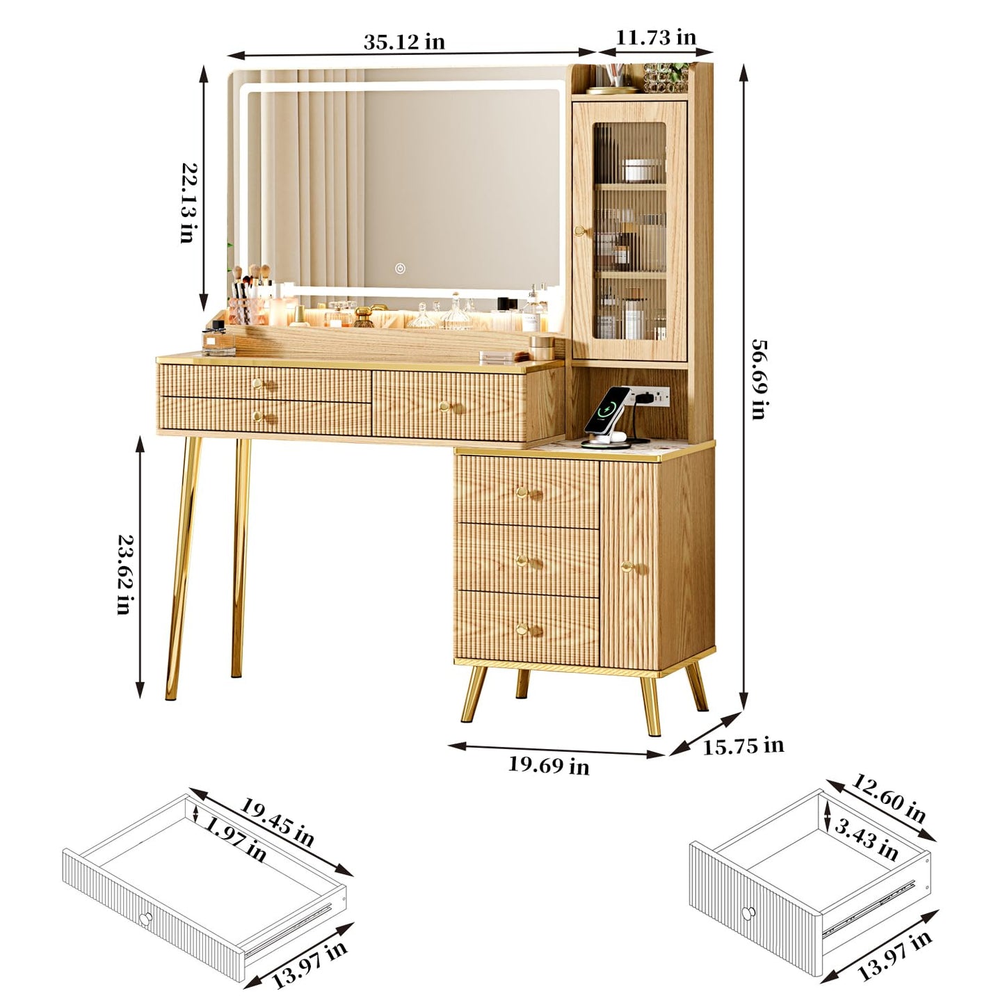 Arulvmrn Vanity Desk with 35.12" HD Lighted Mirror, 46.85" Big Modern Vanity Desk with Mirror and Lights, Makeup Vanity with 7 Drawers and Storage Shelves and Charging Station, Oak
