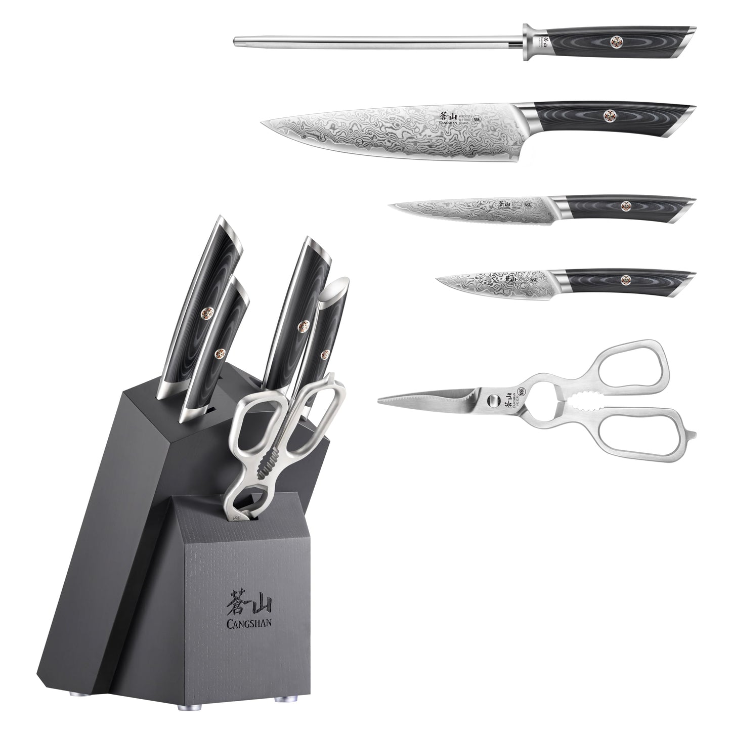 Cangshan KURO Series 6-Piece Knife Block Set, High Carbon X-7 Damascus Steel, Gray, 504333