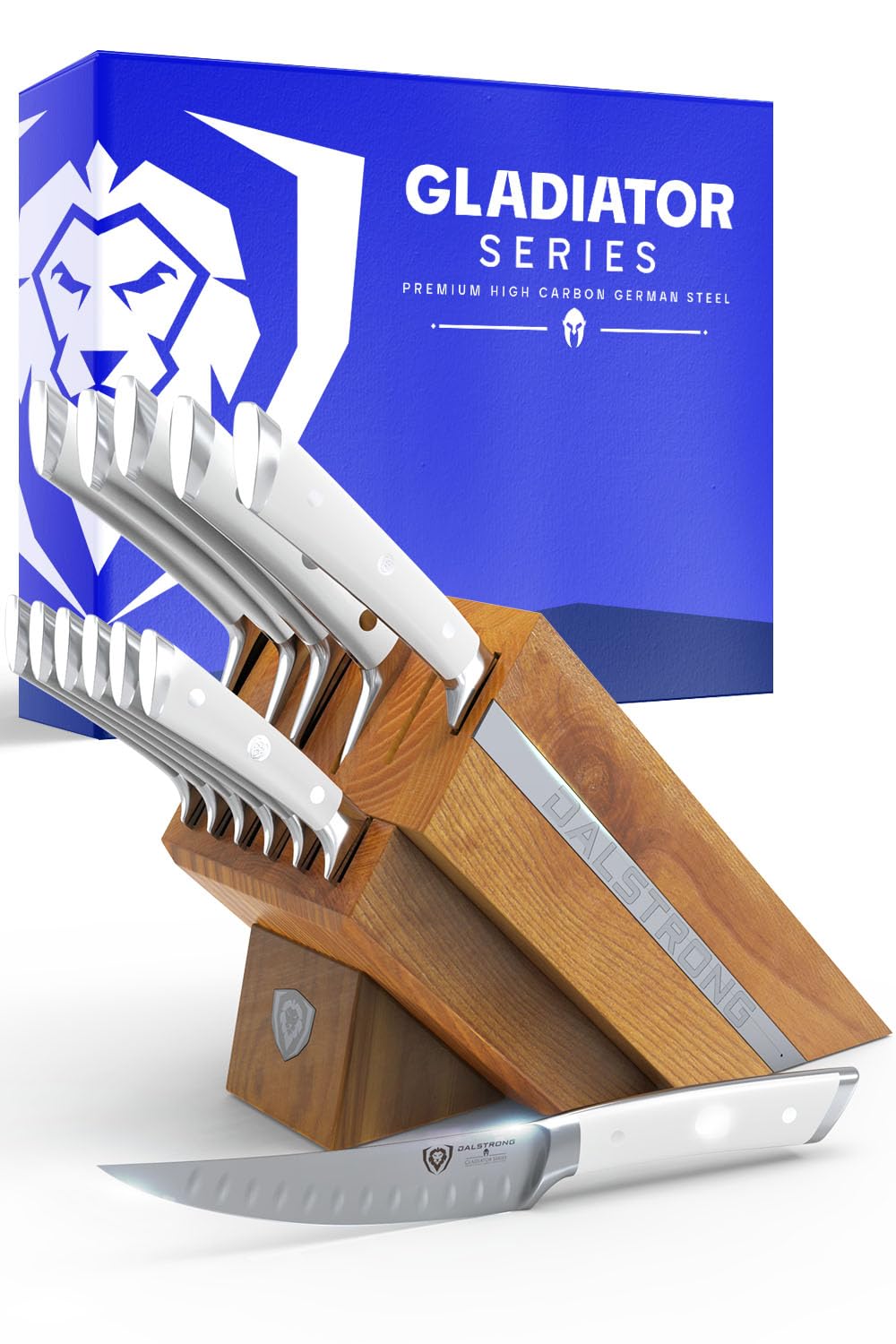 Dalstrong 12-Piece Knife Block Set - Gladiator Series Elite - White Handles - German HC Steel - Hand-Made Manchurian Ash Wood Block - NSF Certified