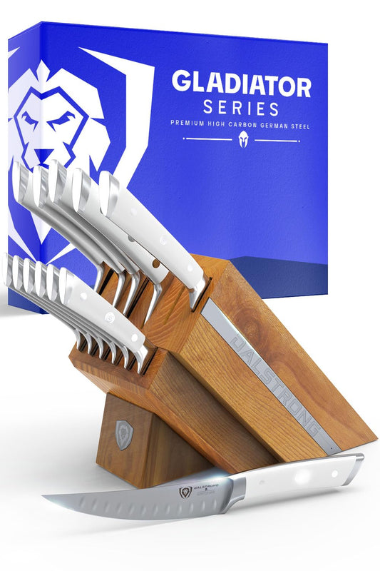 Dalstrong 12-Piece Knife Block Set - Gladiator Series Elite - White Handles - German HC Steel - Hand-Made Manchurian Ash Wood Block - NSF Certified