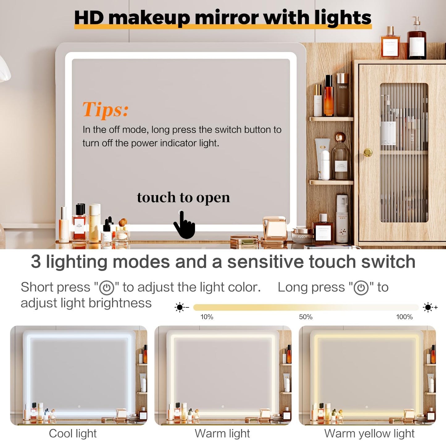 Arulvmrn Vanity Desk with Mirror and Lights, with Power Outlet and 10 Lights Modern Capacity Makeup Vanity with 3 Drawers, Makeup Table for Bedroom,Makeup Room,White