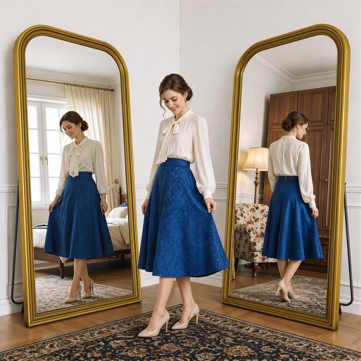 FlyEcho Full Length Mirror with Stand, 71"x32" Full Body Mirror, Floor Length Mirrors Wall Mounted with Rounded Top, Large Standing Mirrors, PU Frame, for Bedroom Living Room Cloakroom, Antique Gold