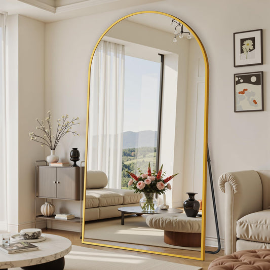Suidia 86"x46" Arched Full Length Mirror with Stand, Full Body Mirror with Aluminum Frame, Freestanding/Leaning/Wall-Mounted, Floor Mirrors for Bedroom, Living Room, Entryway, Dressing Room, Gold