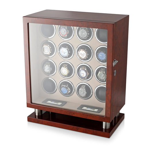 Watch Winder for 16 Automatic Watches with LED Backlight and LCD Touchscreen Control (Dark Burl + Beige)
