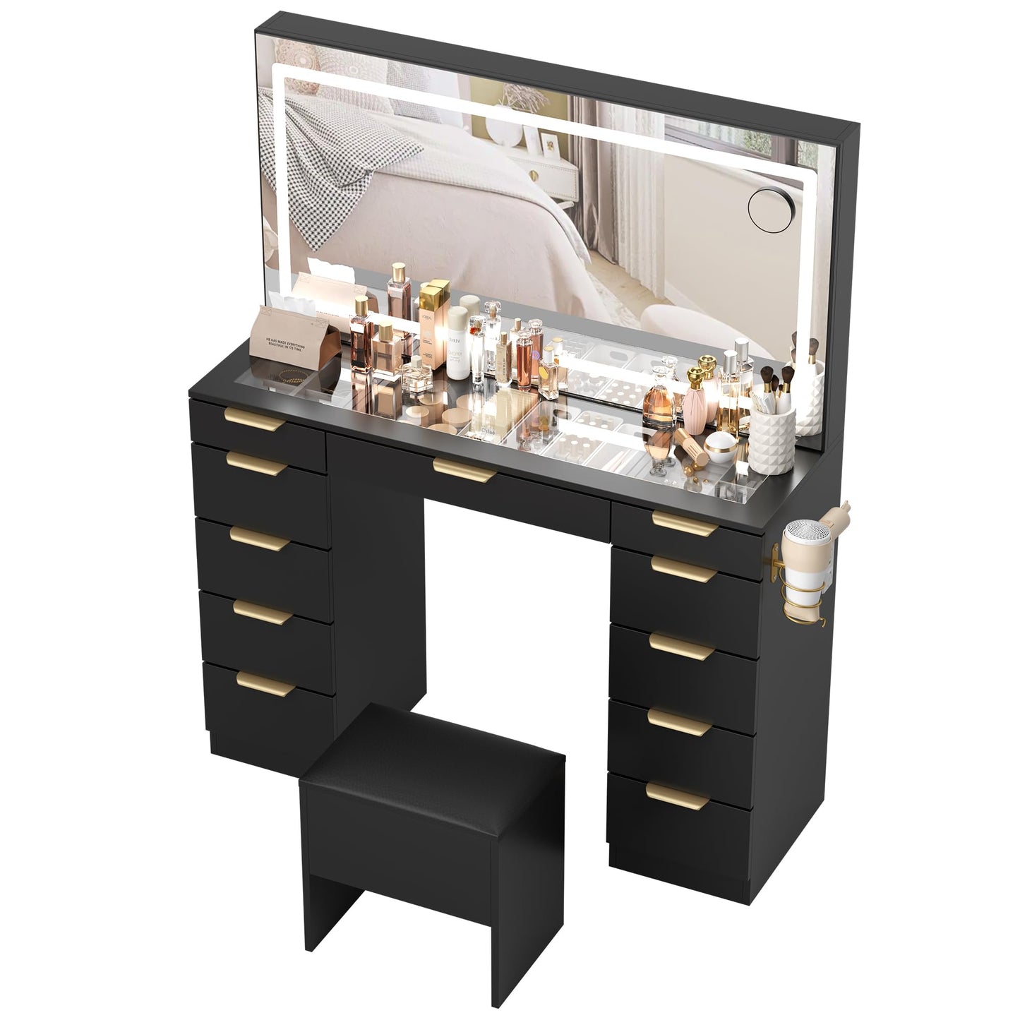 Fkhouse Glass Top Vanity Desk with Mirror and Lights, 11 Drawers Makeup Vanity with Stool, 3 Lighting Modes Dressing Table with Power Outlet, Golden Handles, Black