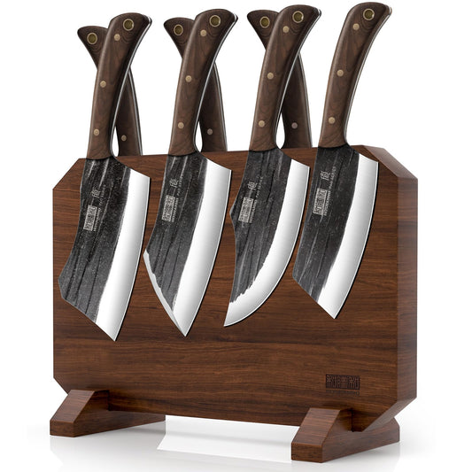 HOSHANHO 8 Pieces Butcher Kitchen Knife Set, Hand Forged High Carbon Stainless Steel Magnetic Knife Block Set, Ultra Sharp Chef Knives Set with Meat Cleaver Knife & Bone Chopper Knives Gift for Men