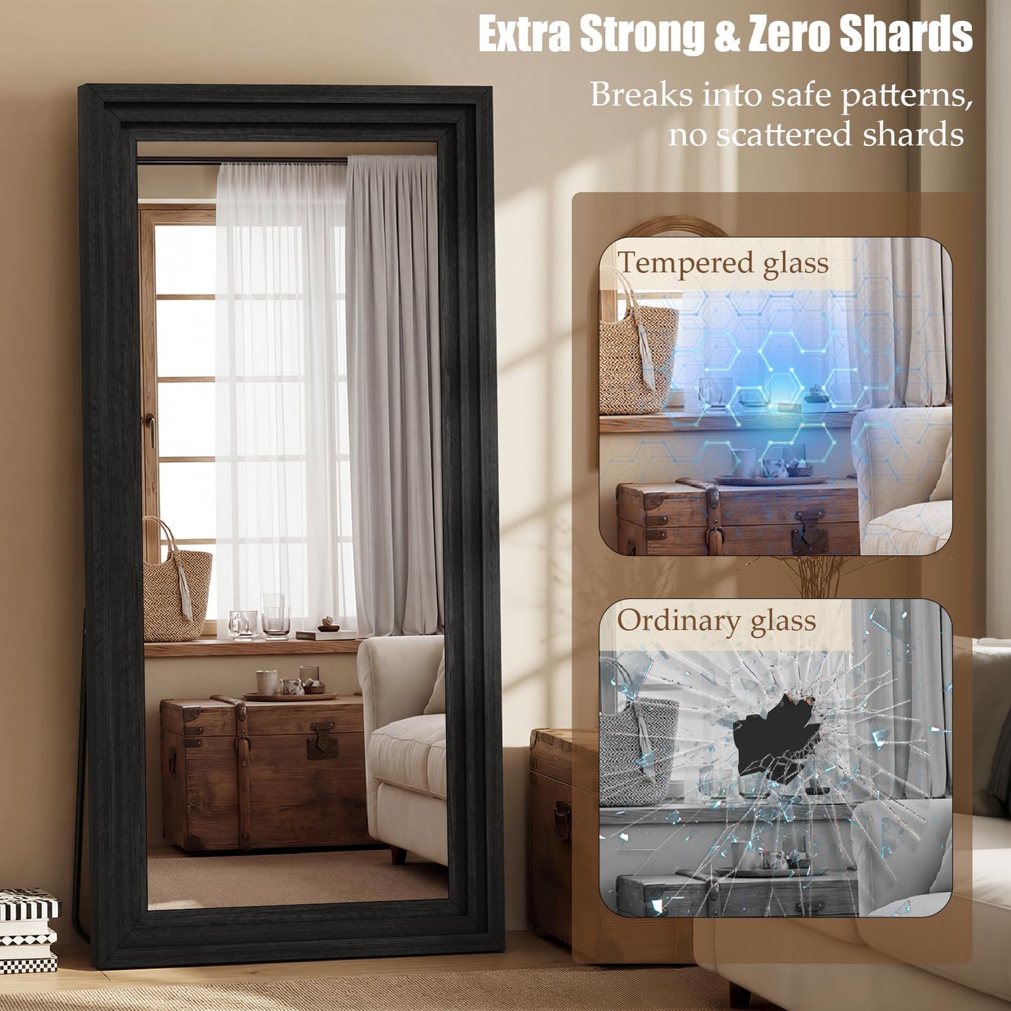 WISSMIELS Full Length Mirror 71"x30", Large Solid Wood Frame Floor Mirror, Leaning Floor Mirror, Stable Frame, Shatterproof Glass, Modern Classic Style for Bedroom, Living Room, Entryway