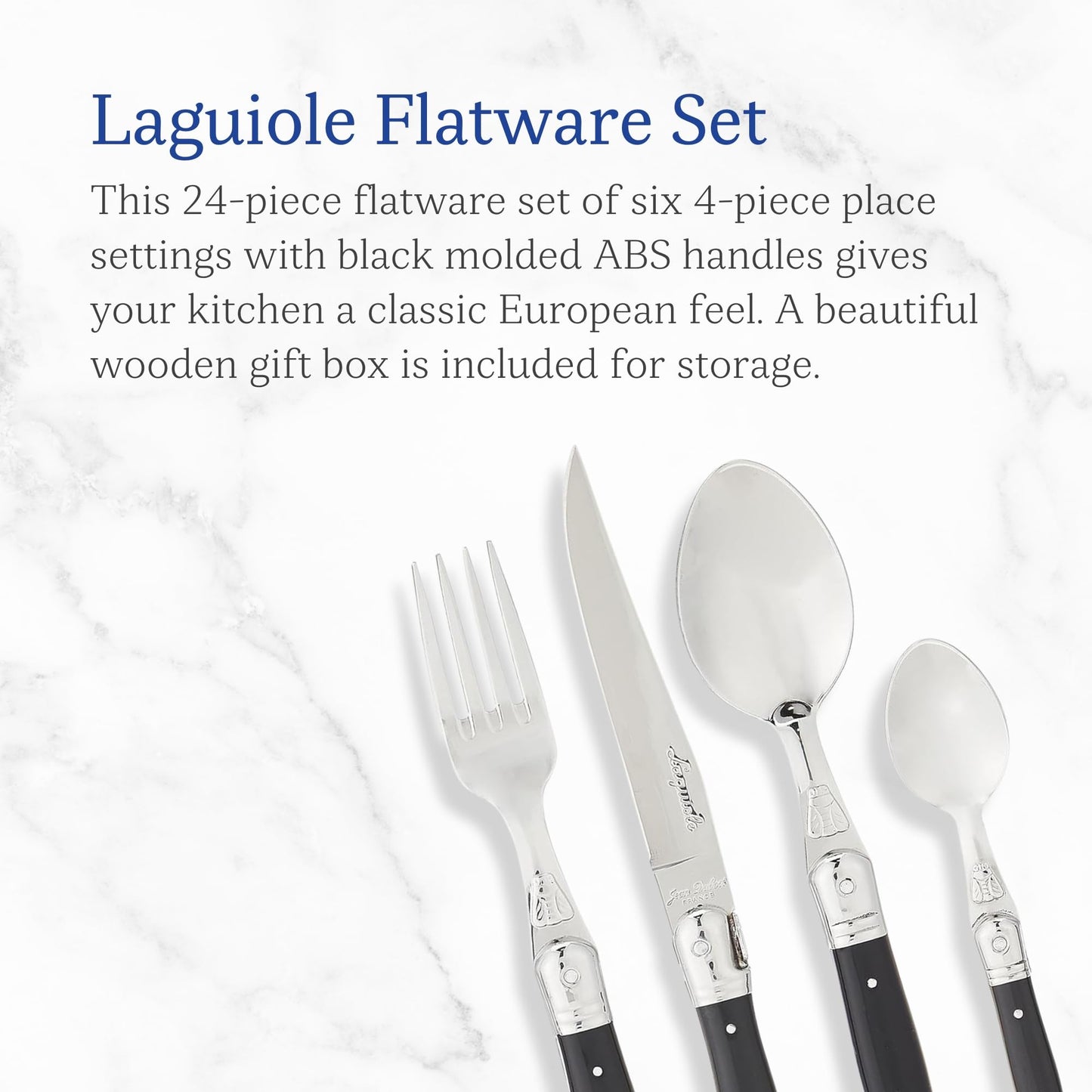 Jean Dubost Laguiole 24-Piece Everyday Flatware Set, Black Handles - Rust-Resistant Stainless Steel - Includes Wooden Tray - Made in France