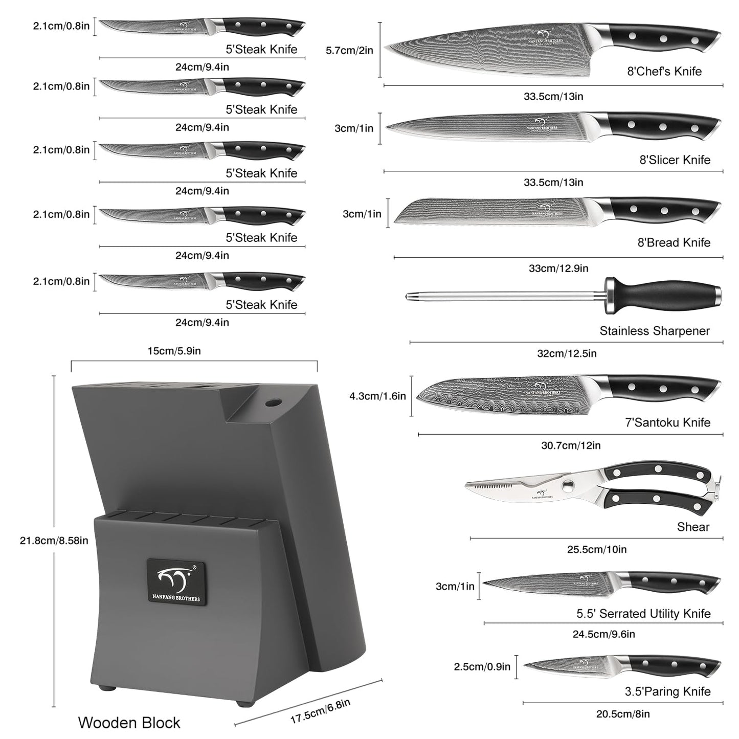 Damascus Kitchen Knife Set, 15-Piece Kitchen Knife Set with Block, ABS Ergonomic Handle for Chef Knife Set and Serrated Steak Knives Knife Sharpener and Kitchen Shears, 14 Slots Wooden Knife Block