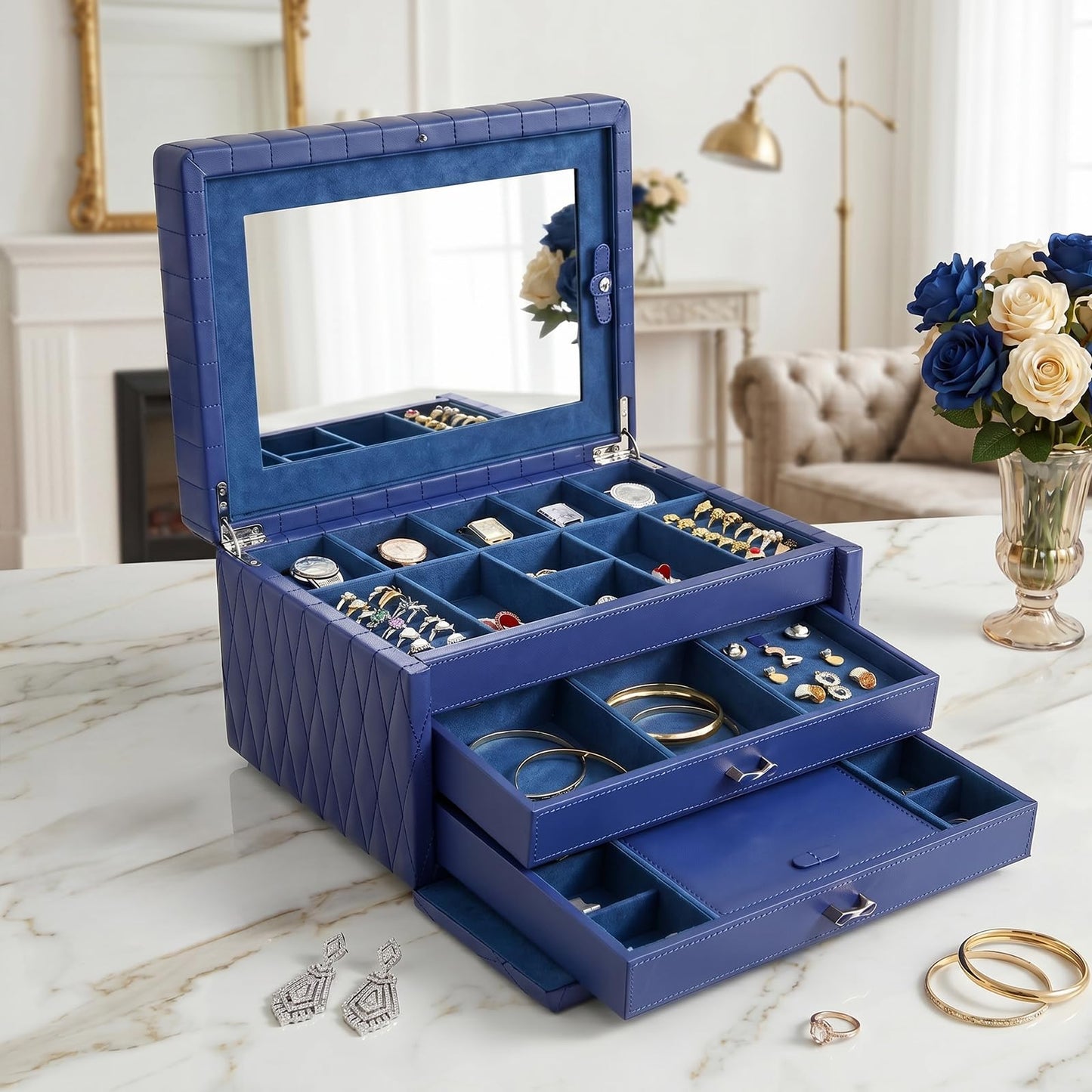 Homruilink Genuine Leather Jewelry Box – 3 Layer Large Jewelry Organizer with Mirror, Lockable Jewelry Box for Women – Necklace, Ring, Earring Organizer with Drawer - Mothers Day Gifts for Mom(Blue)