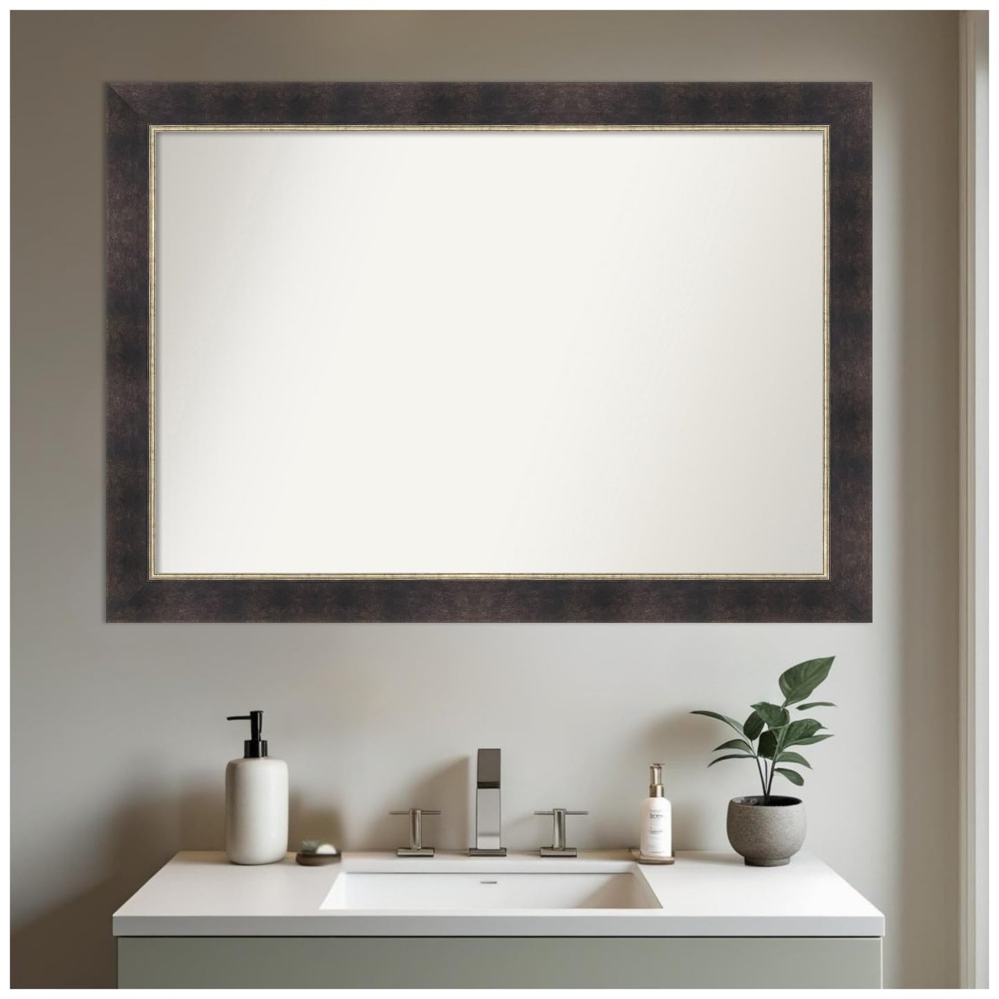 Amanti Art Bronze Bathroom Mirror for Over Sink, 29x41 Odin Antique Bronze Rectangle Vanity Mirror, Large Modern Wood Frame, Hangs Horizonally and Vertically, Bathroom Wall Decor, Non-Beveled Edge