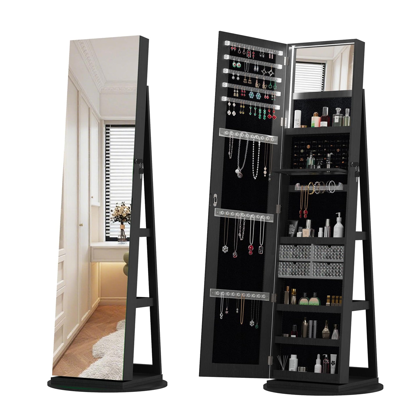 KEIKI 360°Swivel Jewelry Armoire with Full Length Mirror, 62.3" Rotating Standing Jewelry Armoire Organizer, Lockable Storage Cabinet, Interior Lighted Mirror, Black