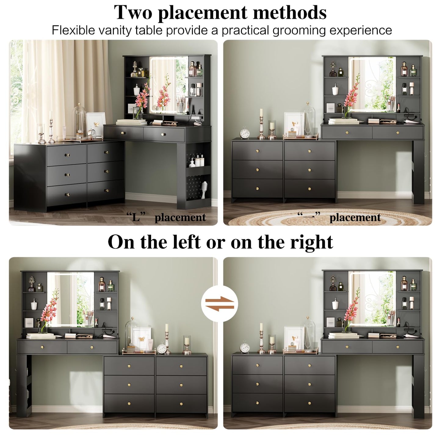 Ieejdn Makeup Vanity Desk with Mirror and Lights, Vanity Desk with 8 Drawers & Storage Shelves, Vanity Table with Power Outlet, 3 Color Modes & Adjustable Brightness Dressing Table, Bedroom,Black