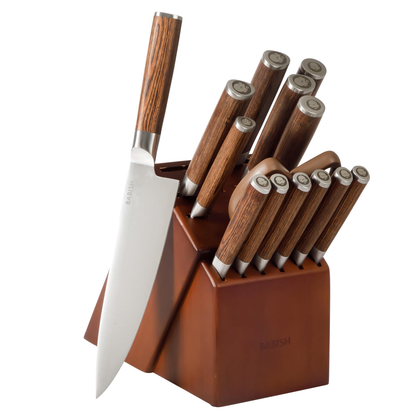 Babish High-Carbon 1.4116 German Steel 15 Piece Full Tang Forged Cutlery Kitchen Knife Block Set - Dark Pakka Wood Handle