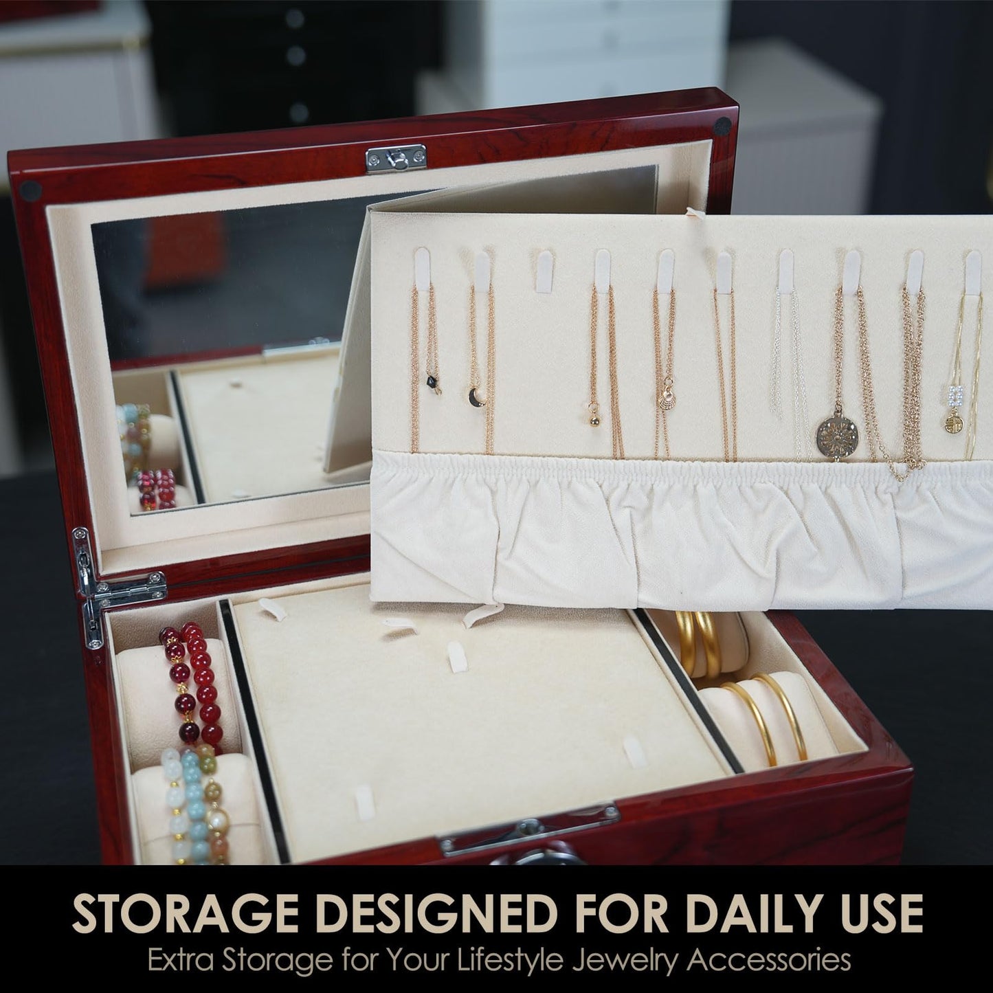 SYENS Wood Jewelry Box for Women, 3-layers Large Jewelry Storage Box&Organizer Fingerprint Lock, Drawers Full Locking, Mother Gifts (3L-RS)