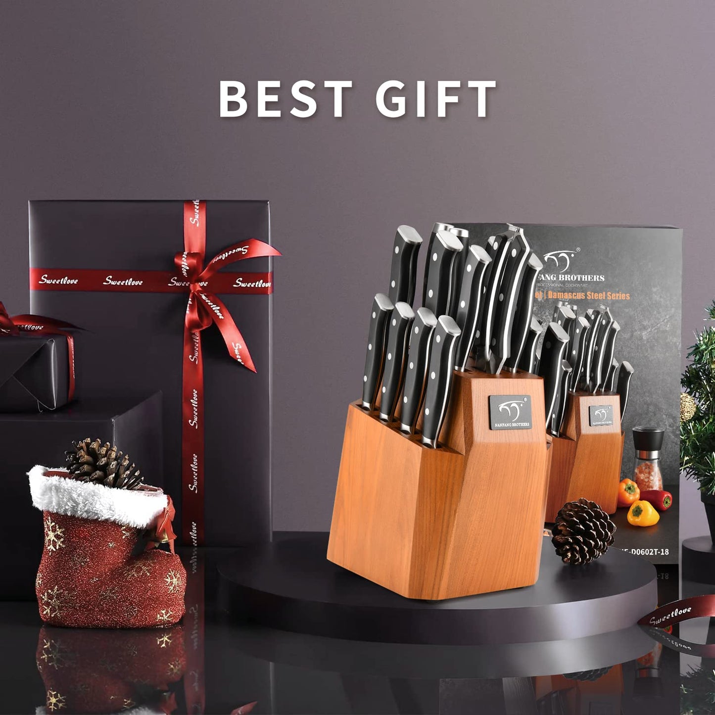 Knife Block Set, 18-Piece Damascus Kitchen Knife Sets with VG10 Core Blades, 67-Layer Damascus Steel, ABS Ergonomic Handle, Compact Knife Block Design, Suitable for Placement in Small Spaces
