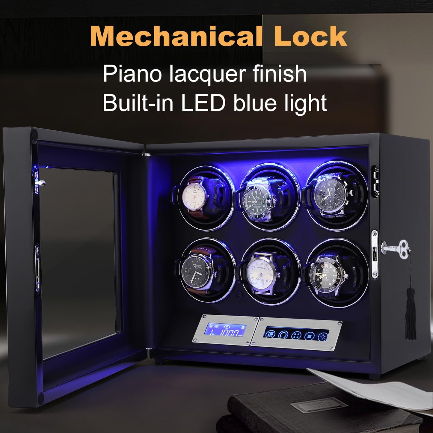 SNEOLTJN Watch Winder for 6 Slots Automatic Watches, Ultra-Quiet Japanese Motors, Built-in LED Illumination and LCD Touchscreen Control