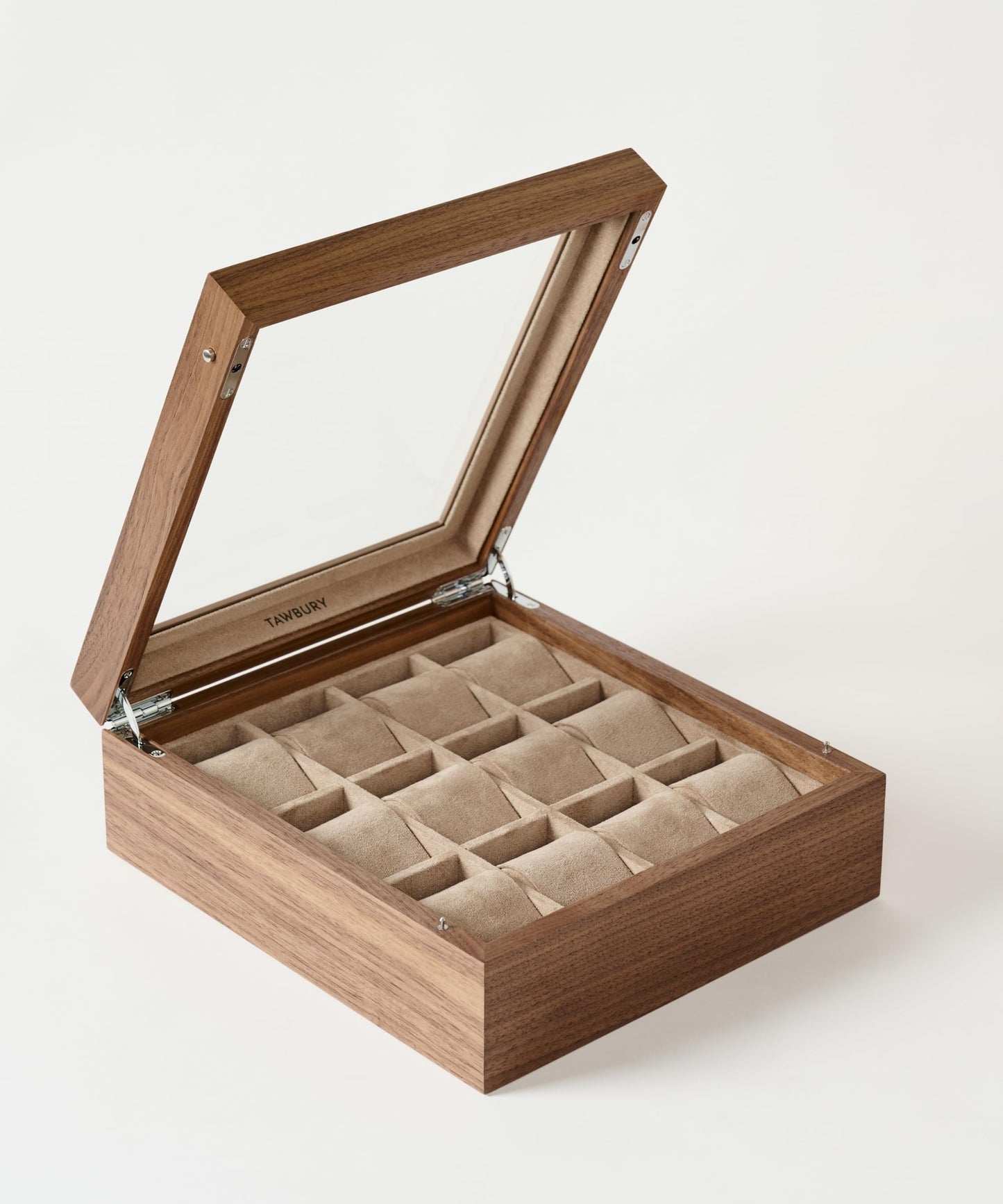 TAWBURY Wooden Watch Case - 12 Slot Wood Watch Box for Men & Women with Glass Display, Protective Fully Lined Interior and 2-inch Wide Pillows for Small & Large Watches (Classic Walnut)